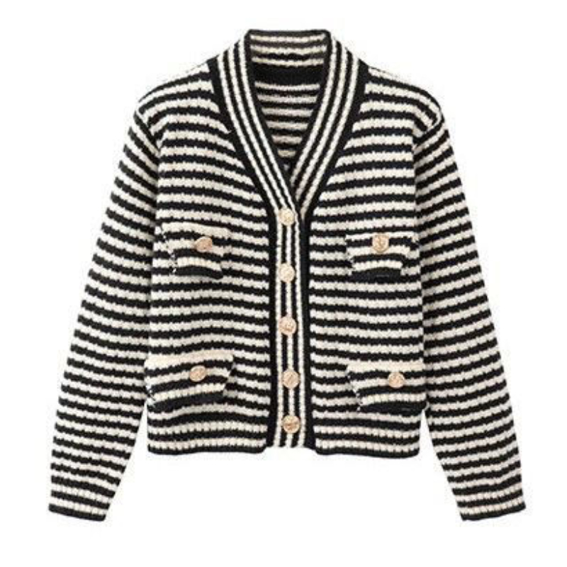 Striped Cropped Cardigan Women Knitting Long Sleeve Baggy Pockets Stylish Elegant Ulzzang Chic Retro Vintage Sweaters All-match alx