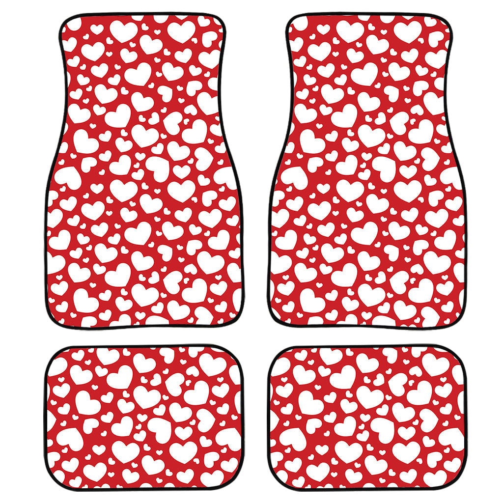 White And Red Heart Pattern Print Front And Back Car Floor Mats, Front Car Mat