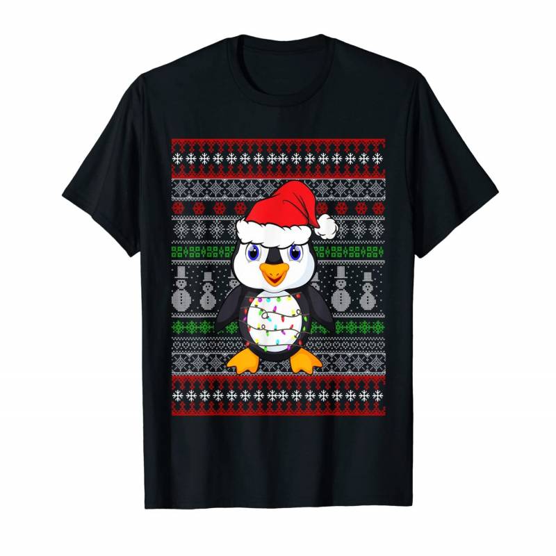 Funny Santa Hat Penguin Christmas Lights Ugly Christmas T-shirt