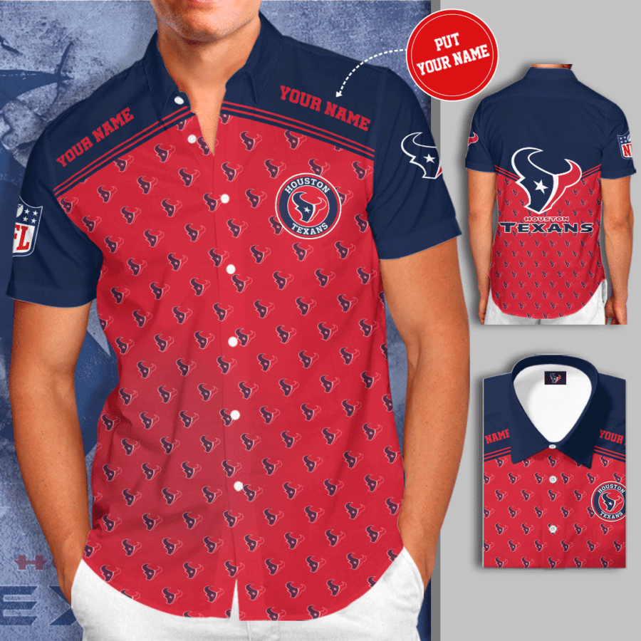 Personalized Houston Texans Logo All Over Print 3D Short Sleeve Dress Shirt Hawaiian Summer Aloha Beach Shirt – Red Navy-Tph