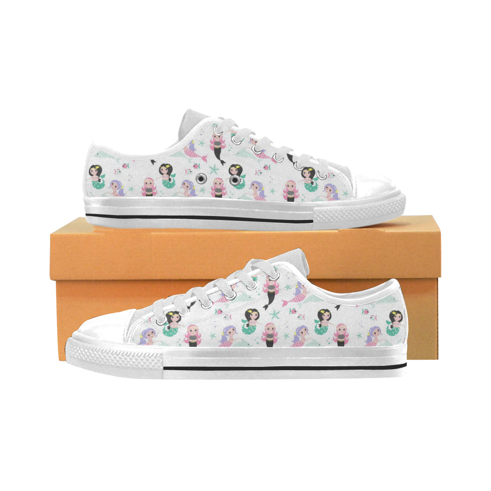 Cute Mermaid Dolphin Fish Starfish Pattern Men’S Low Top Canvas Shoes White Gift For Men Women