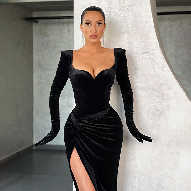 Velvet Long Sleeve with Glove Elegant Women’s Dresses for Party 2022 Square Neck Ruched High Slip Evening Midi Dress Robe Longue alx