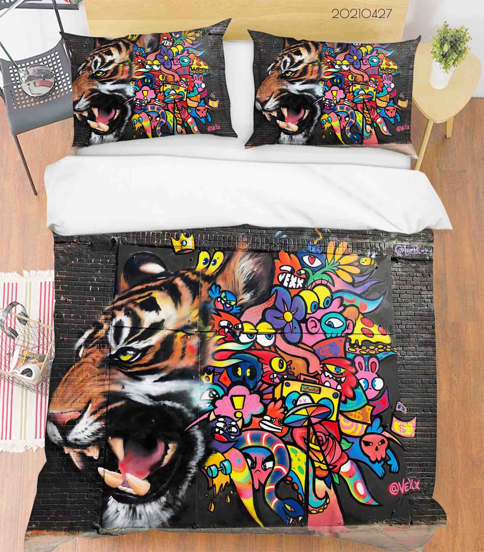 3D Color Tiger Floral Graffiti Quilt Cover Set Bedding Set Duvet Cover Pillowcases 51