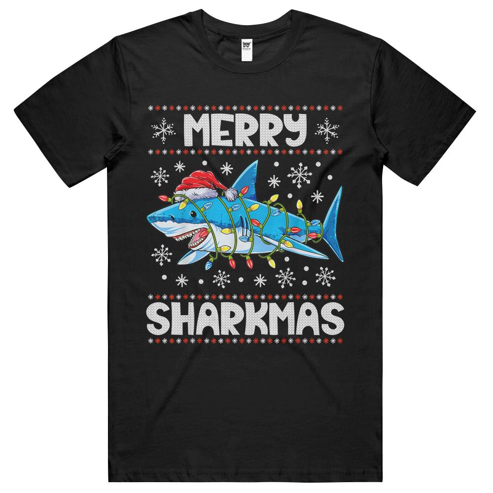 Merry Sharkmas Shark Santa Ugly Christmas Lights Boys Xmas T-Shirt