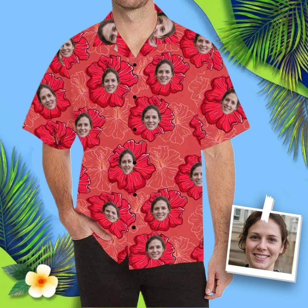 Custom Face Red Flowers All Over Print Hawaii Shirt Ha39398