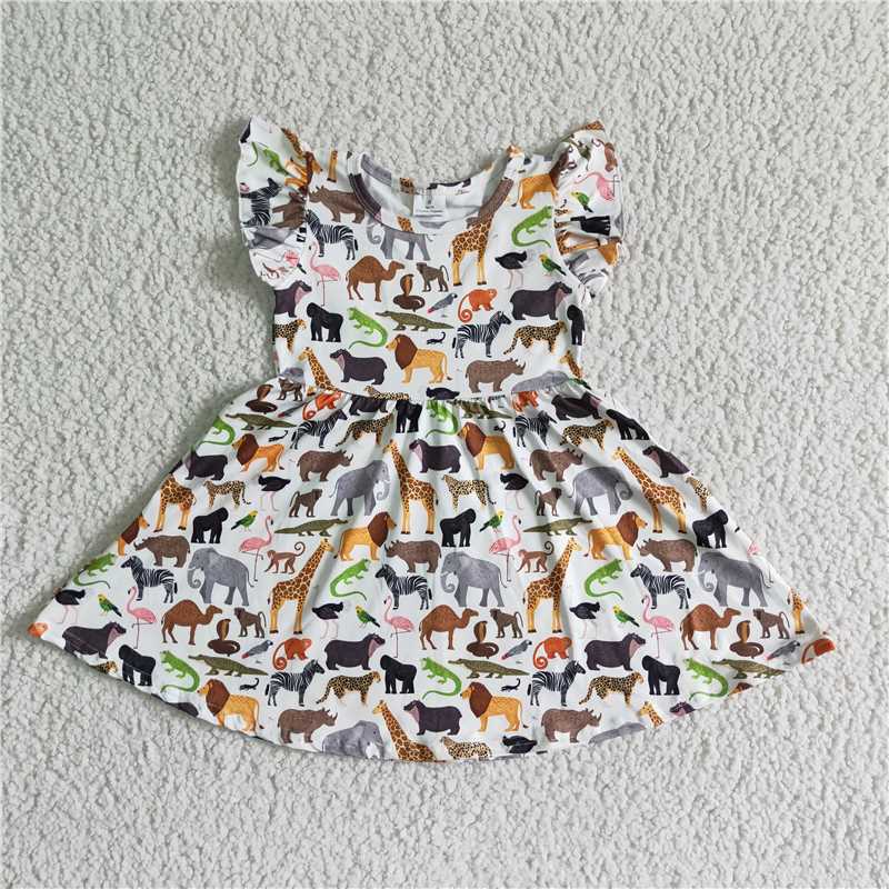 Wholesale Summer Animal Zoo Boutique Baby Girl Summer New Clothing Short Sleeve Twirl Dress Children Fashion Toddler Clothes alx