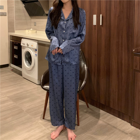 2 Piece Women Sleepwear Set Autumn New Long Sleeve Button Lapel Pajamas for Woman Silk Fashion Sleepwear Print Sexy Pajama Set alx