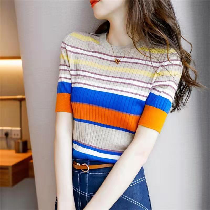 TuangBiang 2022 Summer Rainbow Striped O-Neck Women Sweaters Color Knitting T-Shirt Ladies Khaki Pullovers Thin Casual Wool Tops alx