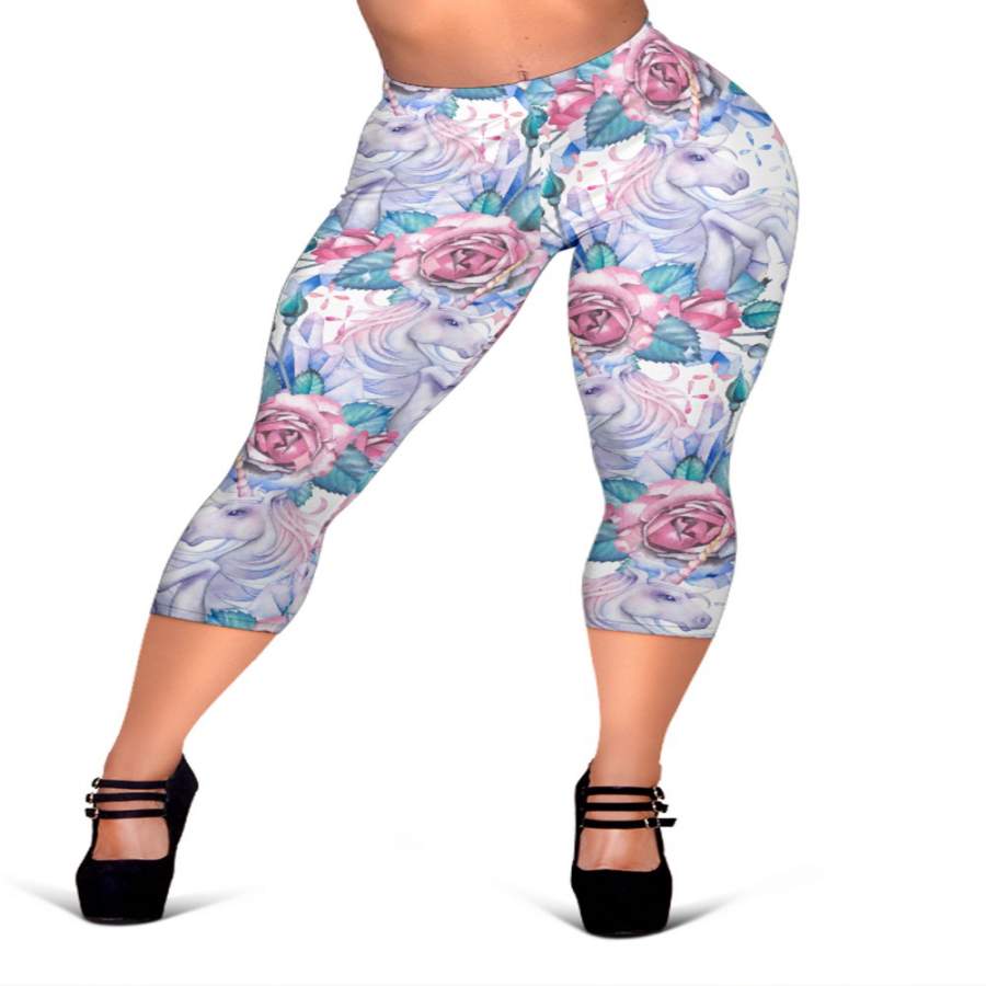 White Fairy Rose Unicorn Pattern Print Women’s Capri Leggings