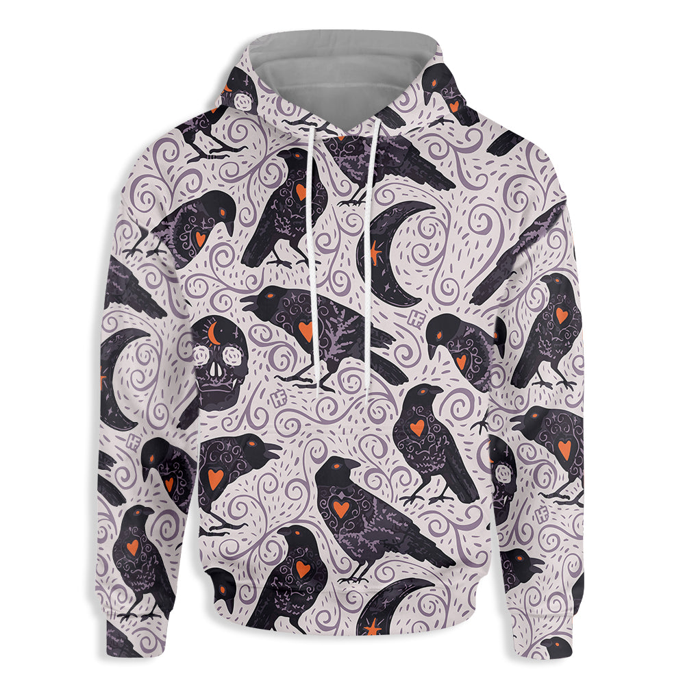 Raven And Skull Halloween Shirt For Men And Women All Over Print Hoodie, Raven Halloween Themed Hoodie For Adults