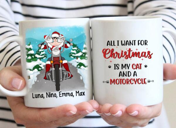 Personalized Mug, Motorcycle Girl With Cats, Christmas Gift For Bikers And Cat Lovers