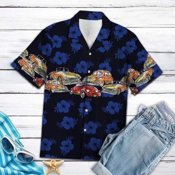 Felacia Vinatge Car Dark Blue Tropical Floral Hawaii Aloha Ha78467