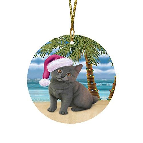 Summertime Chartreux Kitten On Beach Christmas Round Flat Ornament Por1645