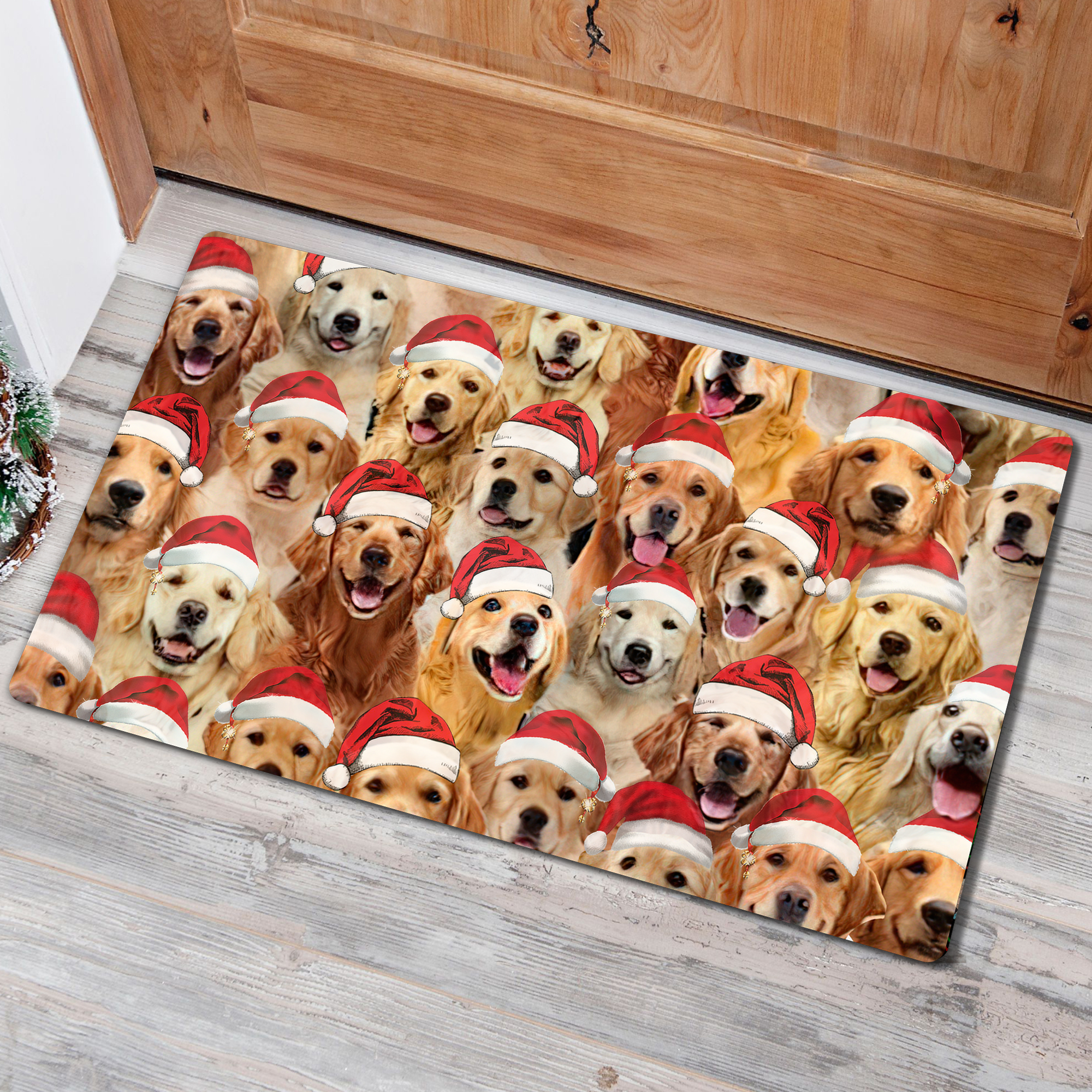 Golden Retriever Wearing Santa Hat Door Mat, Christmas Gift Rug Decoration For Dog Lovers