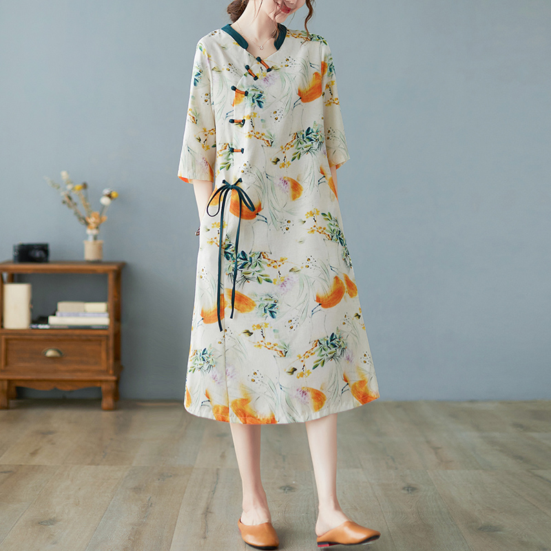 2022 New Arrival Short Sleeve Loose Summer Dress Print Floral Thin Soft Ramie Vintage Chinese Style Dress Women Casual Dress alx