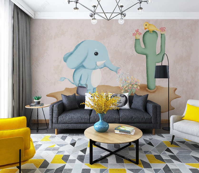 3D Cartoon Animal Elephant Cactus Wall Mural Wallpaper Lqh 68