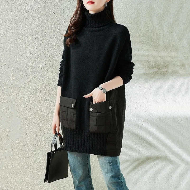 Splicing Cotton Clothes Miss Jacket High Collar Mid-Long Fashion Sweater Female Fall/Winter 2021 New Thicken Loose Outside Wear alx