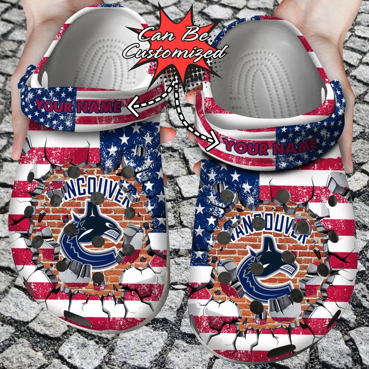 Hockey Crocss – Personalized V.Canucks American Flag Breaking Wall Clog Shoes