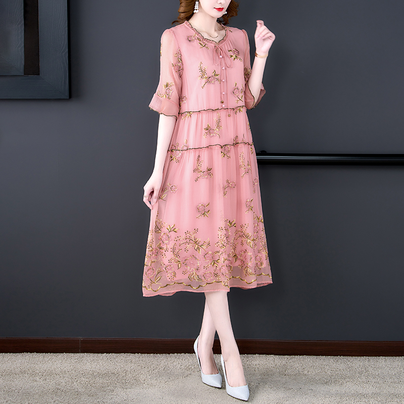 Summer Pink Embroidery Floral Silk Midi Dress Women Fashion Butterfly Sleeve Ruffled Collar Robe 2022 Korean Elegant Party Dress alx