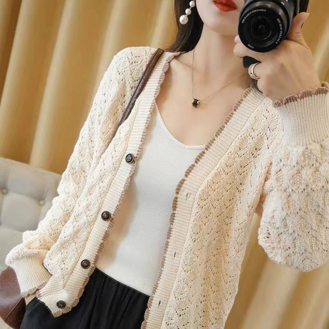 Women’s Spring Jacket 2022 Hollow Out Knitwear Button Cardigan For Women V-Neck Long Sleeve Top Jersey Mujer Oversize カーディガン alx