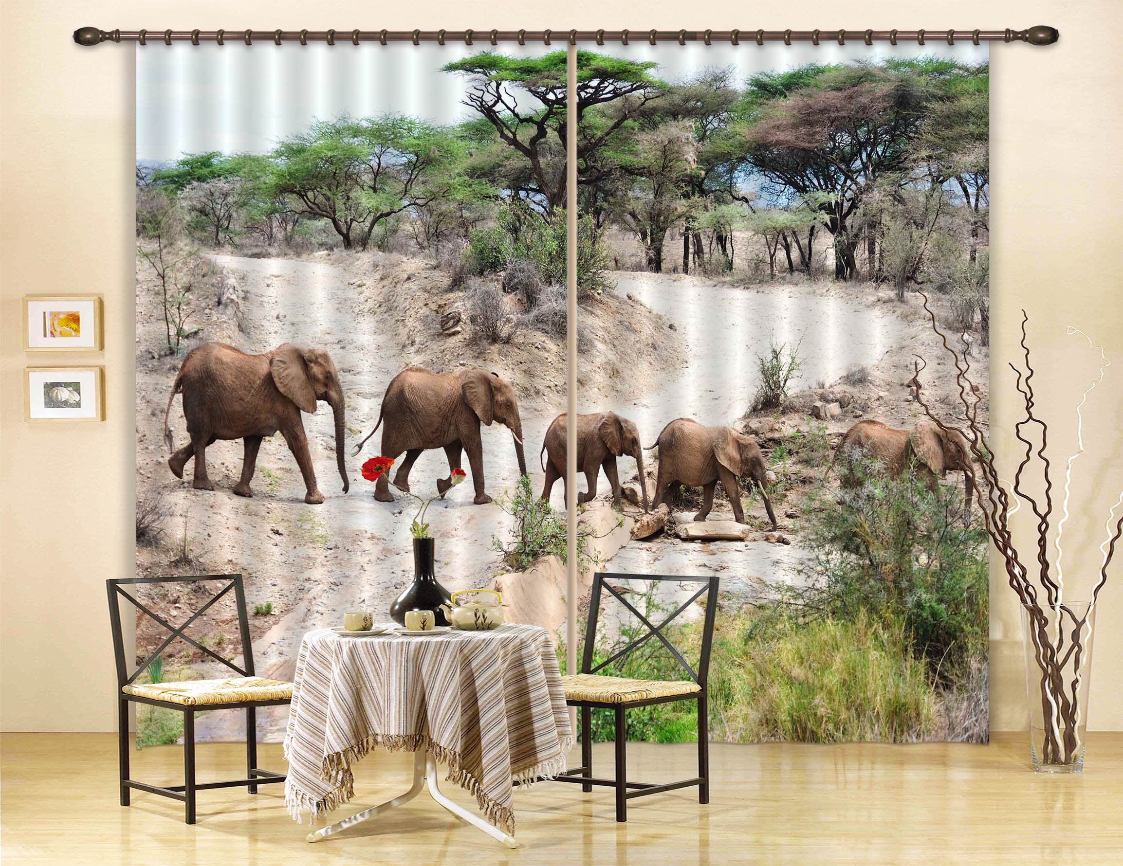 3D Elephants With Trees C195 Blockout Photo Curtain Print Curtains Drapes Fabric Window | 3D Large Photo Curtain, Jess Art Decoration Wallpaper