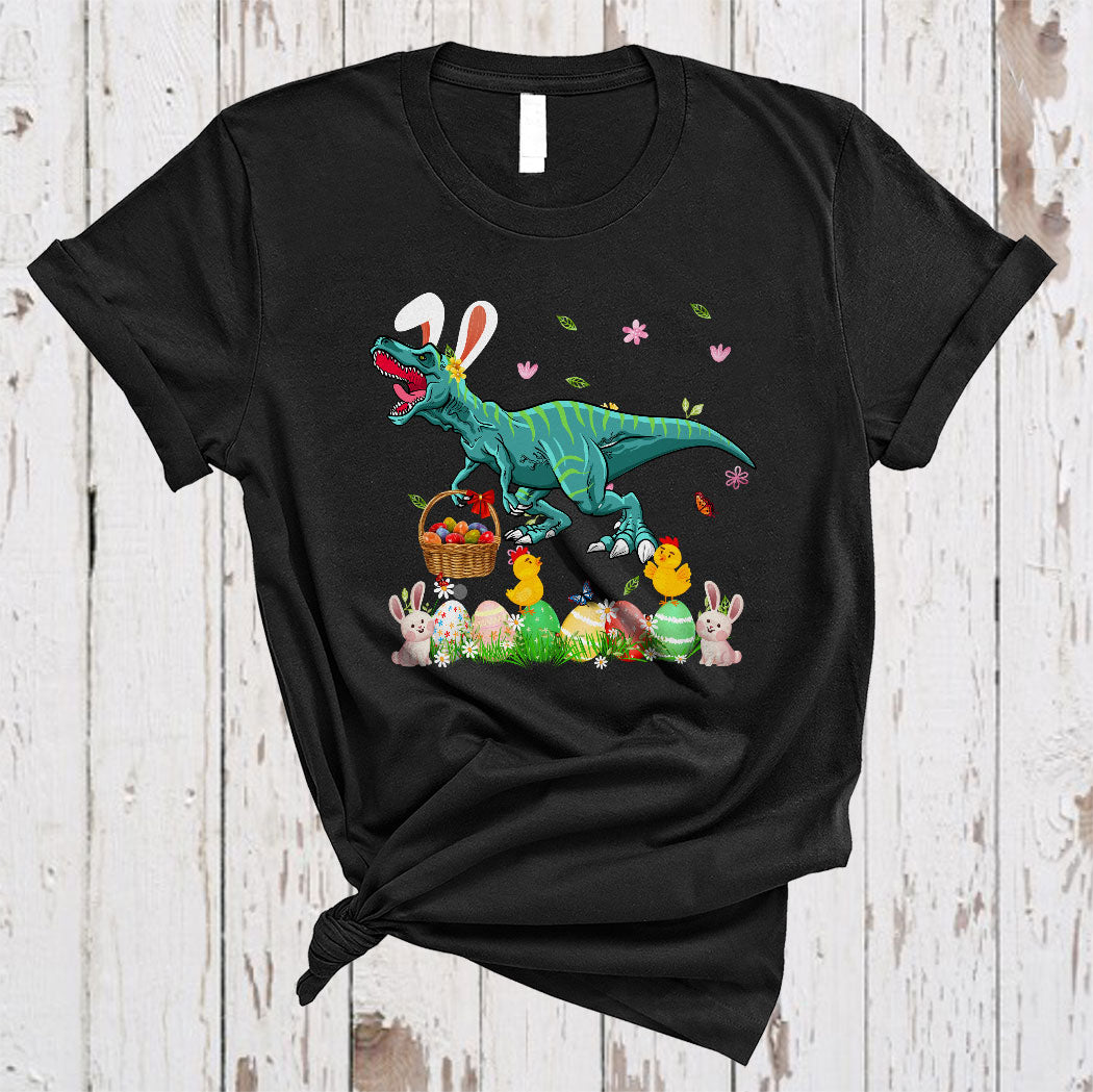 Bunny T-Rex Bringing Easter Eggs Basket Cute Easter Egg Hunting Flower T-Rex Lover Gifts T-Shirt