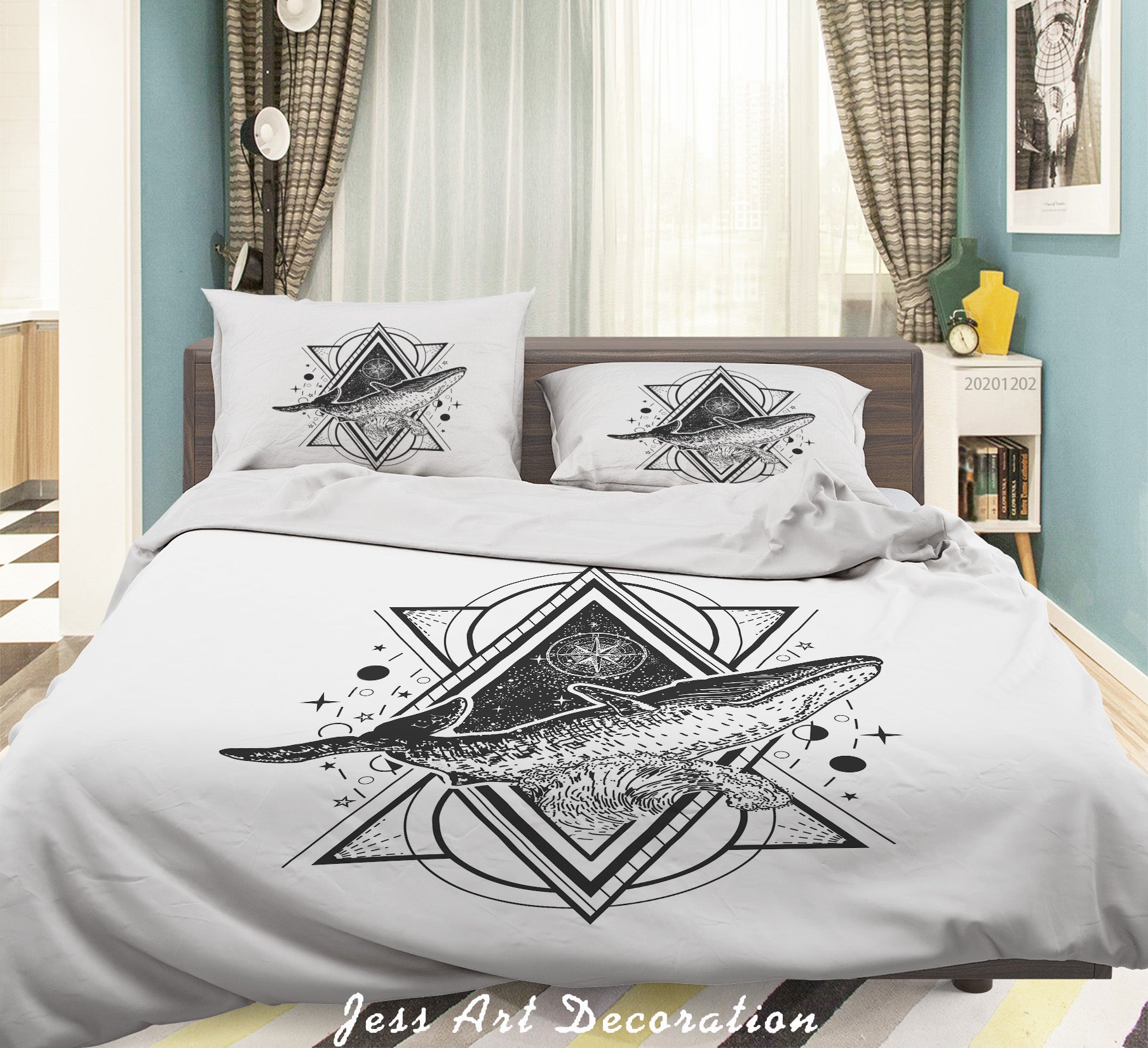 3D Vintage Hand Drawn Whale Fish Geometric Triangle Round Star Quilt Cover Set Bedding Set Duvet Cover Pillowcases Lxl