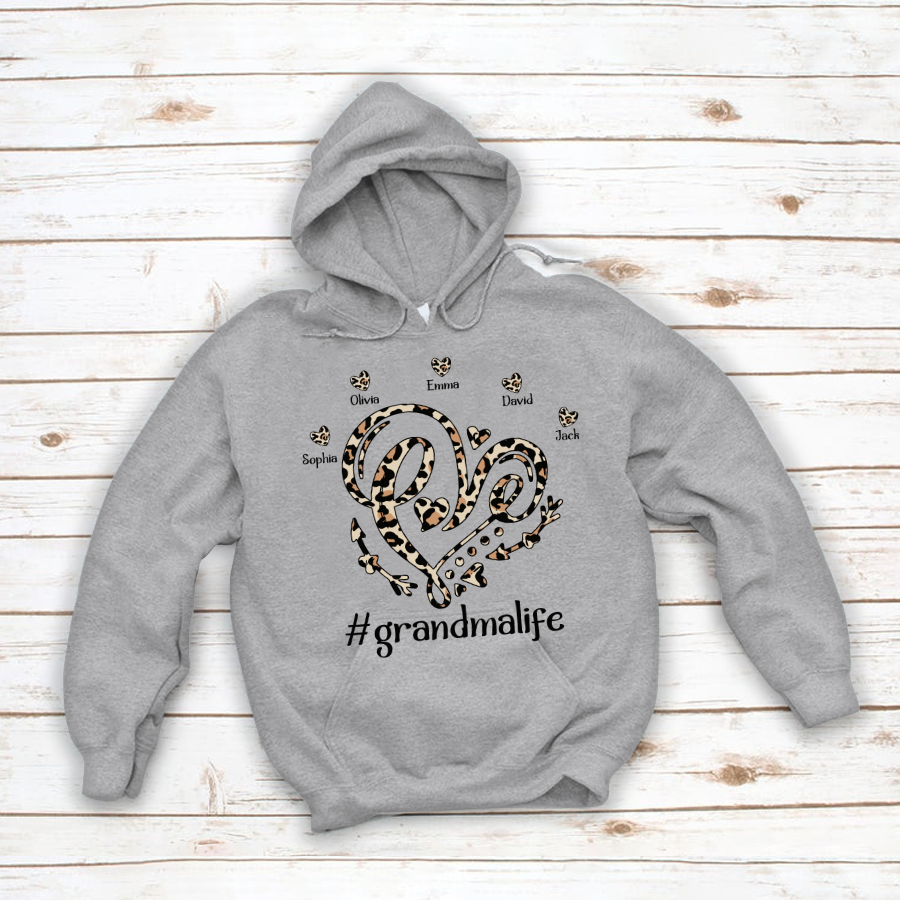 Leopard Heart Custom Names Grandma Life Hoodie