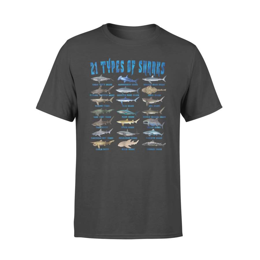 Shark Lovers T shirt 21 Types of Sharks Ocean Animal – Standard T-shirt