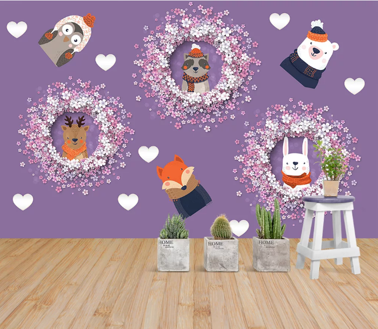 3D Purple Bear Rabbit Elk Fox Penguin Animal Wreath Wall Mural Wallpaper Sf29