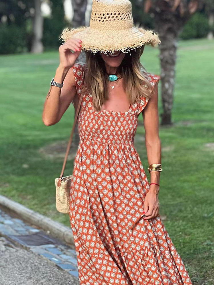 Women Summer Vintage Boho Print Long Dress Sexy Sling Wrap Chest Open Back Slim Dresses Ladies Fashion Sleeveless Big Hem Dress alx