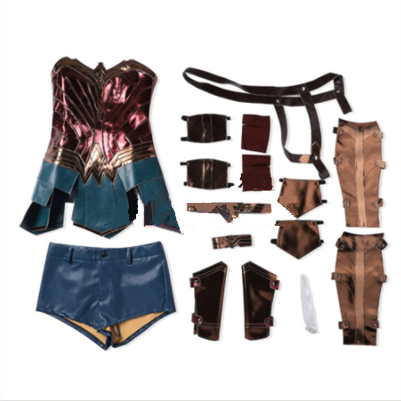 Anime Wonder Cos Woman Dress Diana Cosplay Costume Adult Brown Top Faux Leather Corset Shorts +Girl Wig Accessories Halloween alx