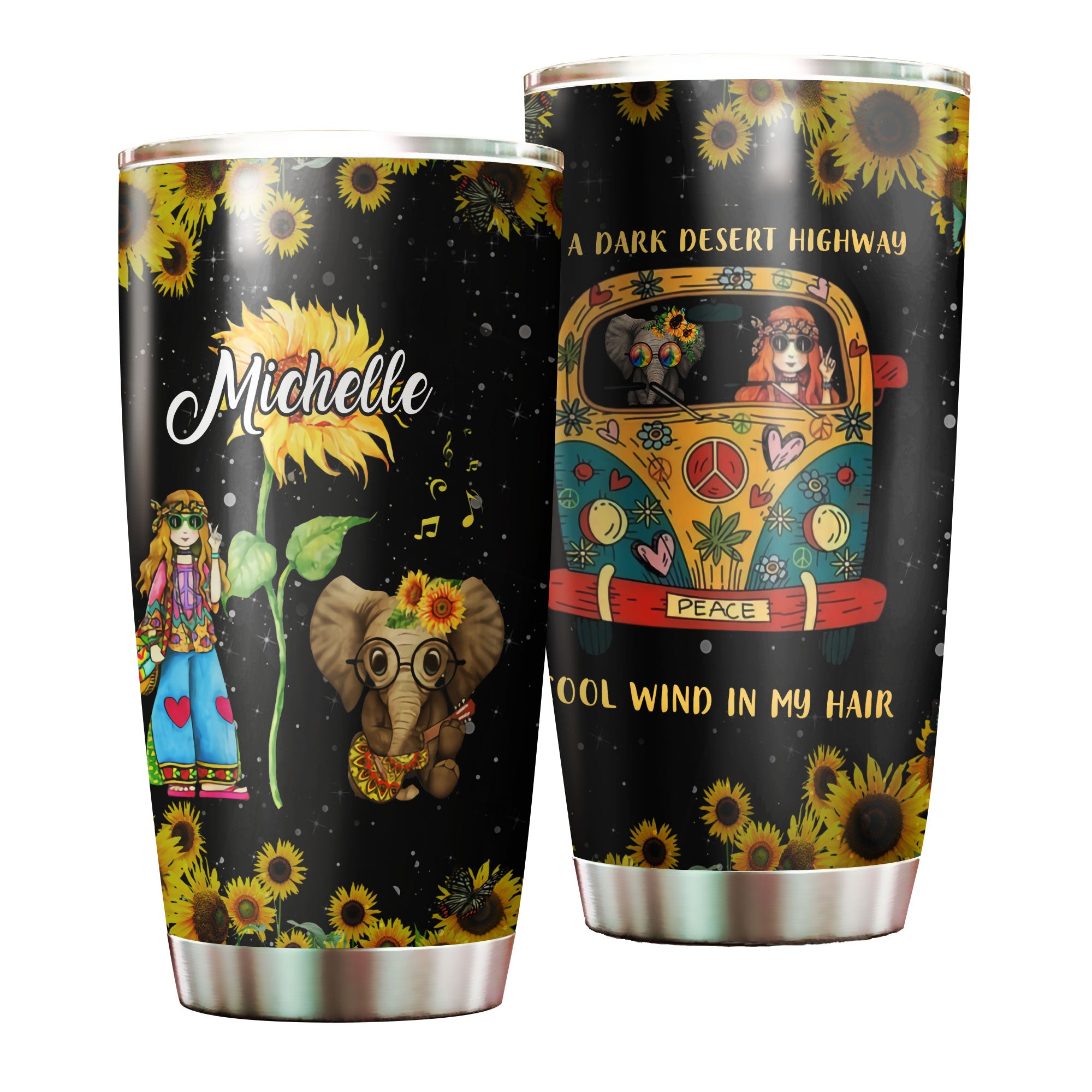 Personalized Elephant Hippie On A Dark Desert Highway Cool Wind In My Hair Stainless Steel Tumbler-Double-Walled Insulation Travel Cup With Lid