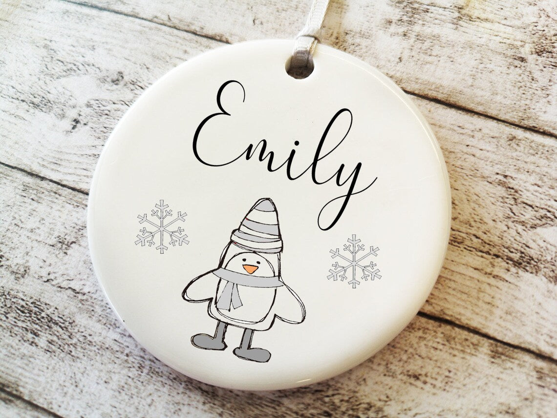 Personalised Grey Penguin Bauble, Christmas Ornament With Names , Holiday Decor, Christmas Gift Keepsake