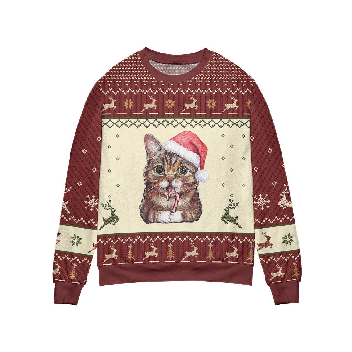 Seamless Knitting Pattern With Deer And Cat All Over Print Sweater, Christmas Ugly Sweater Shirt