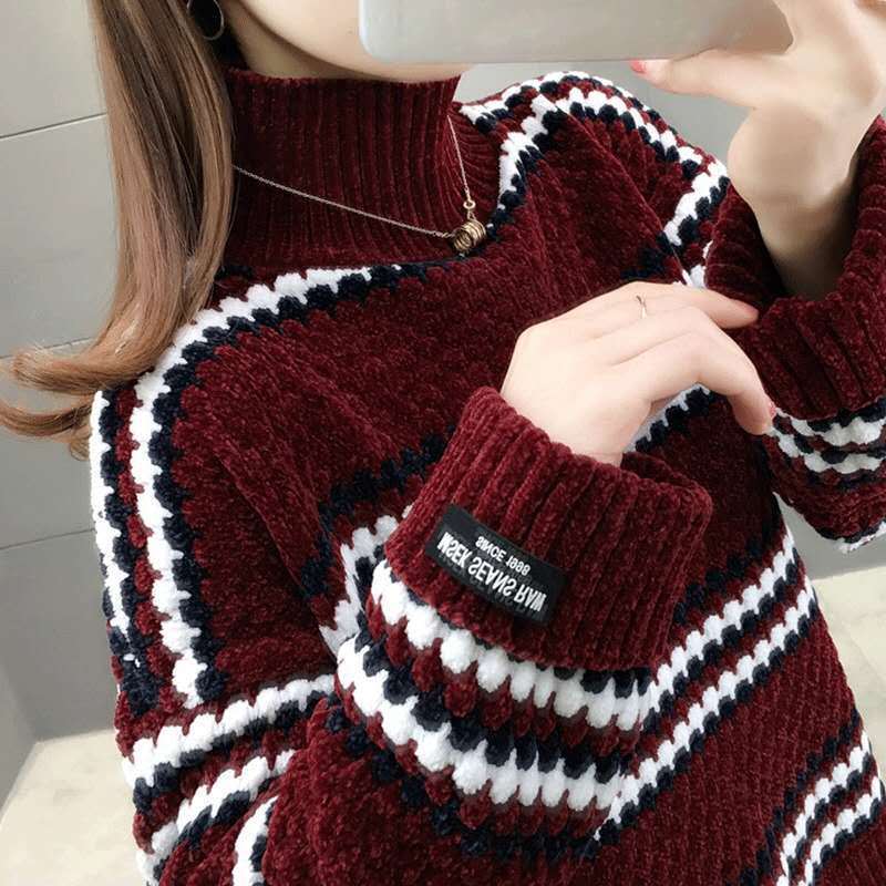 Women’s Clothing Autumn And Winter Korean Youth Fashion Stitching Sweater Women’s High Neck New Loose Knit Sweater Vestidos Tops alx