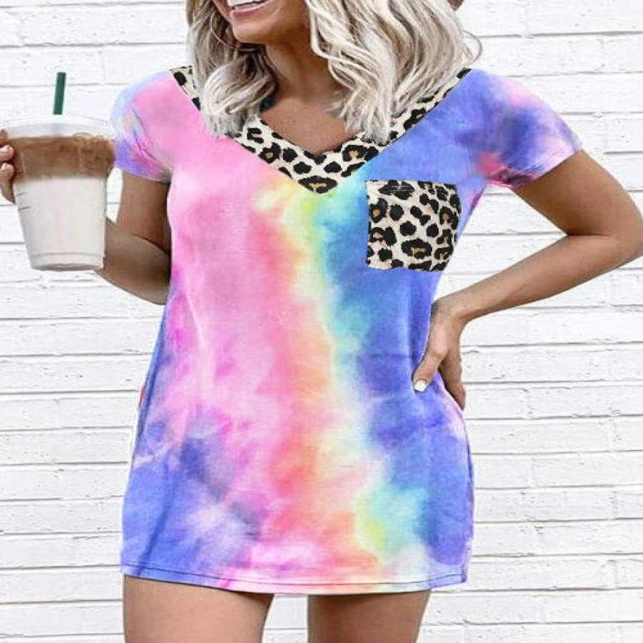 Tie Dye Leopard Pocket V-Neck Mini Dresses