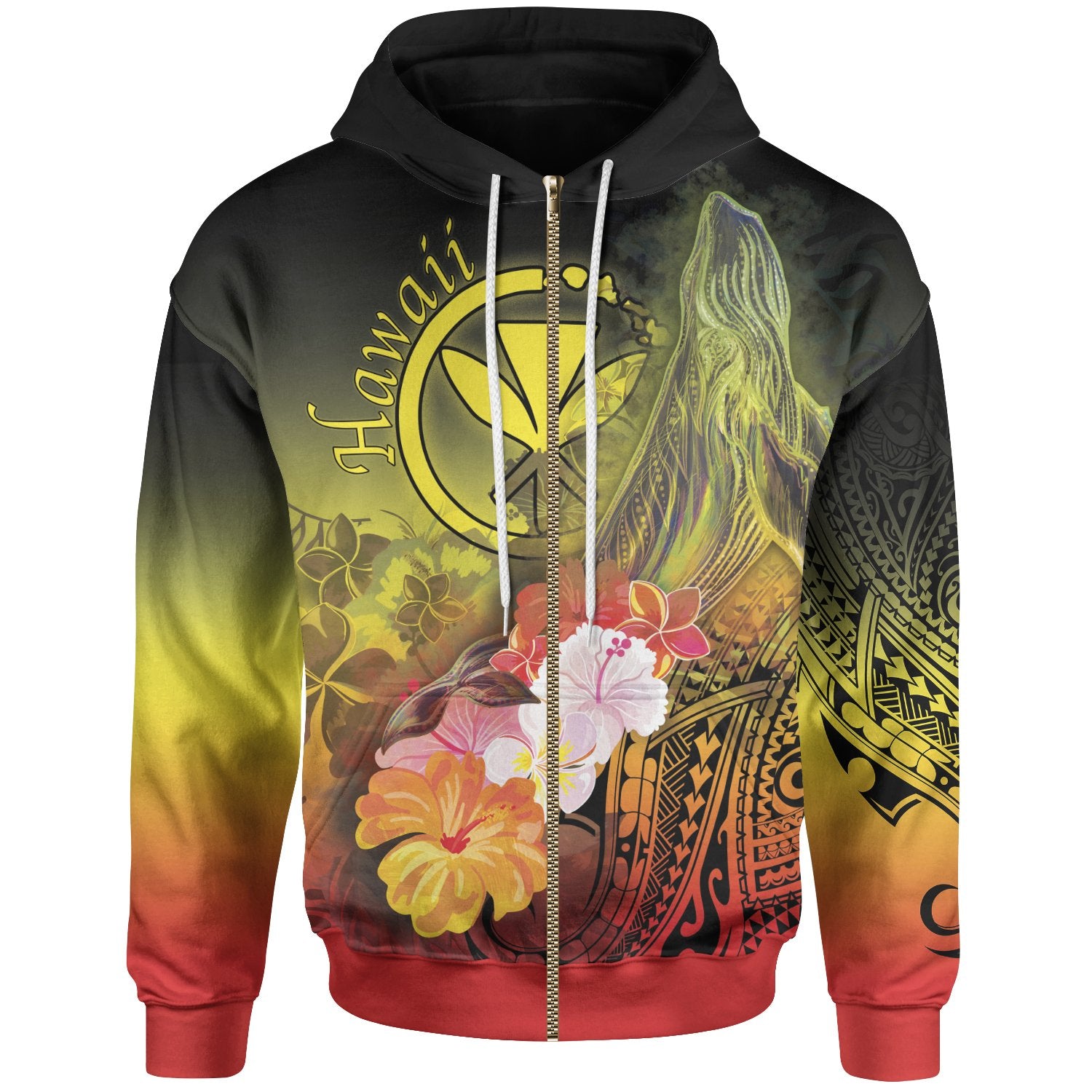 Polynesian Hawaii Zip-Up Hoodie – Kanaka Maoli Humpback Whale With Tropical Flowers (Yellow)