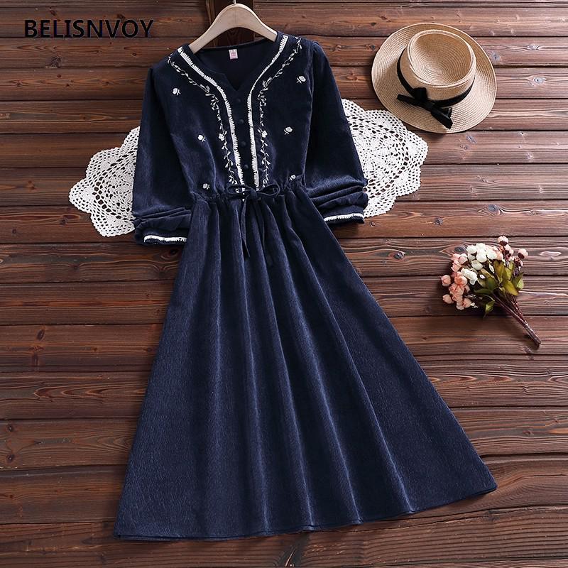 Autumn Winter Indie Folk Women Corduroy Dresses Casual Long Sleeve High Elastic Waist Embroidery Party Dress Female Vestidos alx