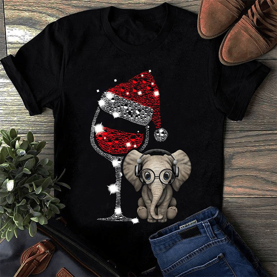 Baby Elephant Listen Music Merry Christmas And Wine Twinkle T Shirt Hoodie Sweater  Size S-5Xl