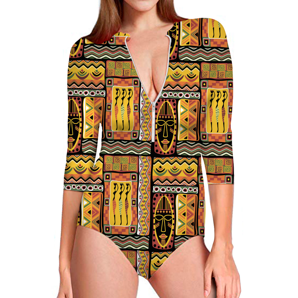 Sunset Ethnic African Tribal Print Long Sleeve One Piece Swimsuit