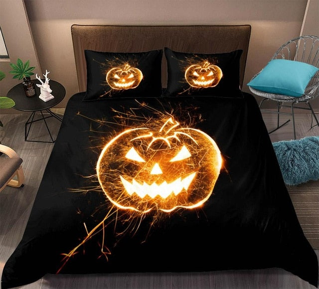 Black Halloween Pumpkin 3D Fire Animals Duvet Cover Set, Microfiber Fabric Bedding