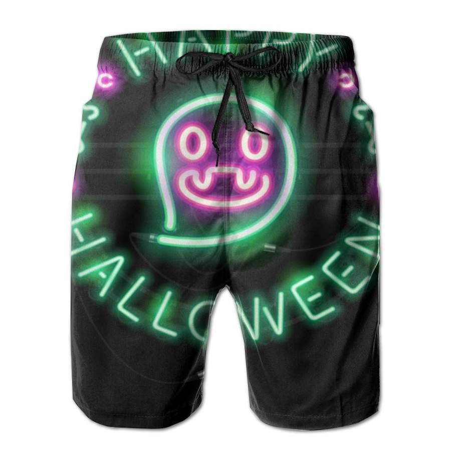 2 Pack Happy Halloween Neon Sign Horizontal Poster Men Swim Trunks Drawstring Elastic Waist Quick Dry Beach Shorts with Mesh Lining Swimwear Bathing Suits