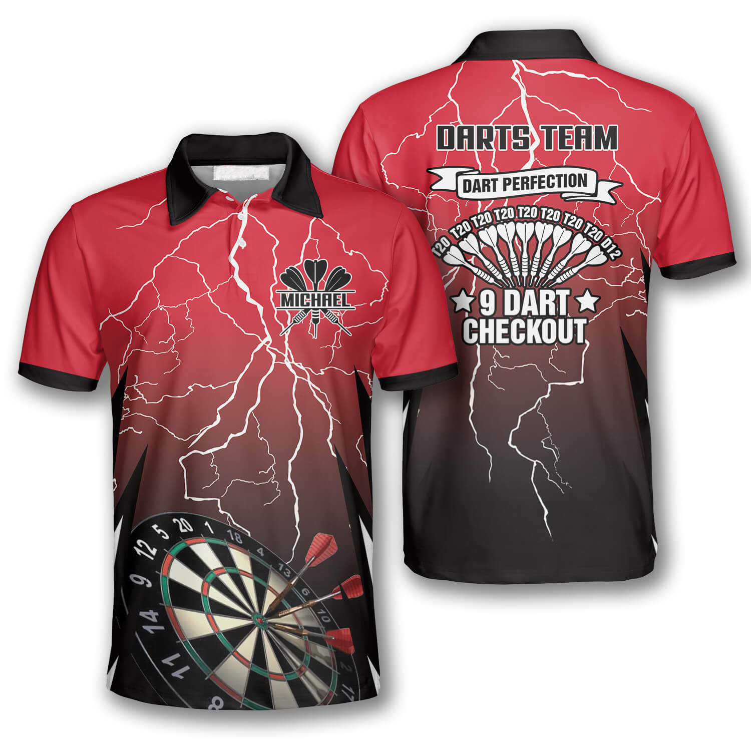 Red Lightning Custom Darts Shirts For Men, Dart Perfection, 9 Dart Checkout Shirt