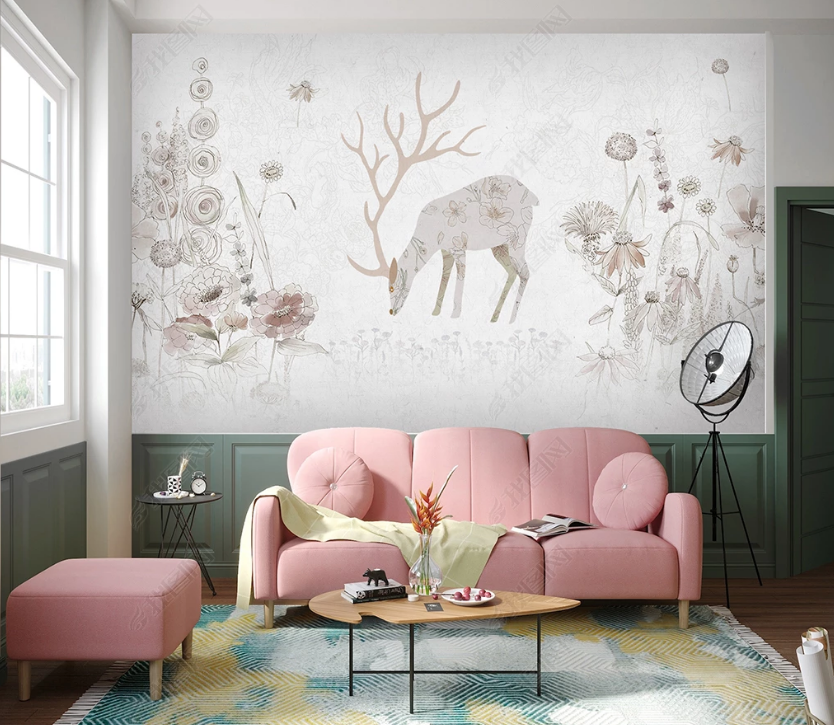 3D Hand Drawn Rose Floral Plant Buck Animal Background Wall Mural Wallpaper Lxl