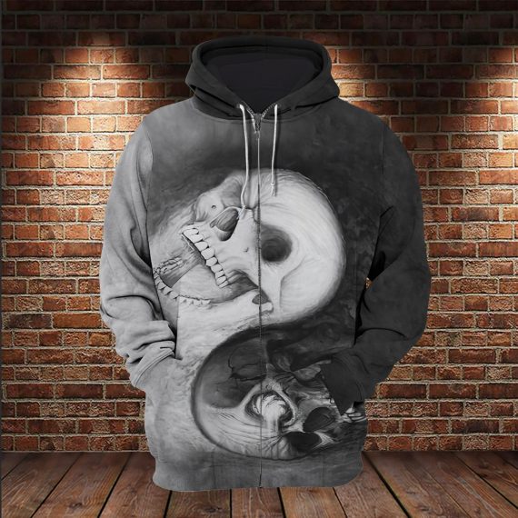 Skull Yinyang All Over Printed Unisex Size Zip Up Hoodie For Skull Lovers