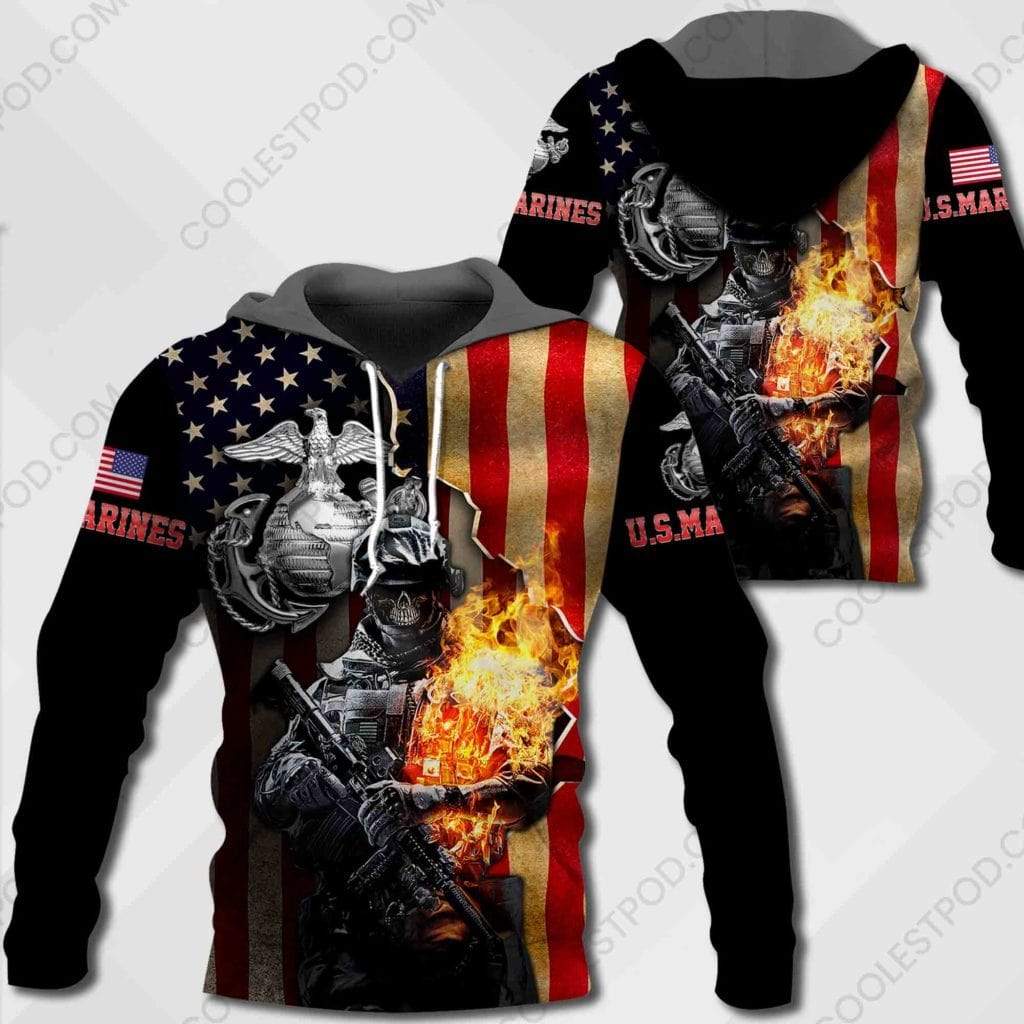 Proud US Marine Skull Soldier On Fire Flag Hoodie 3D #V