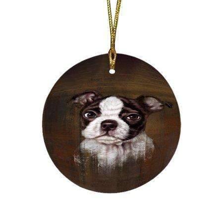 Rustic Boston Terrier Puppy Round Christmas Ornament Rfpor48202