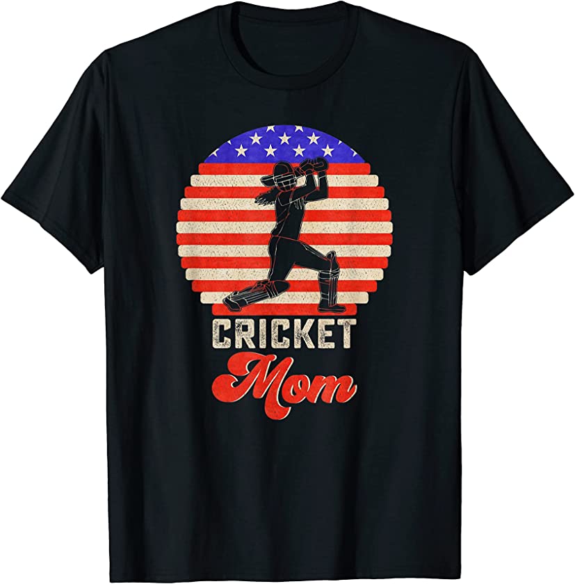 Vintage Retro USA Flag Proud Cricket Mom Silhouette Sunset T-Shirt