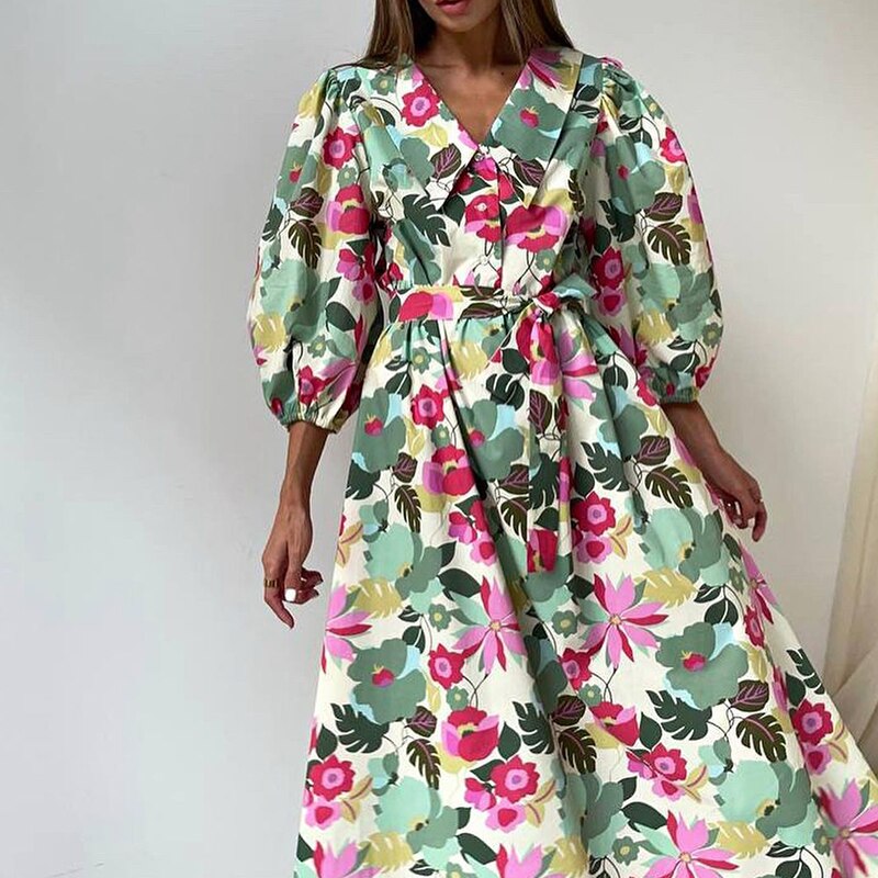 Spring Floral Printed Party Long Dress Elegant Lapel Single Breasted Pleated A-Line Dresses Women 3/4 Puff Sleeve Belt Hem Dress alx